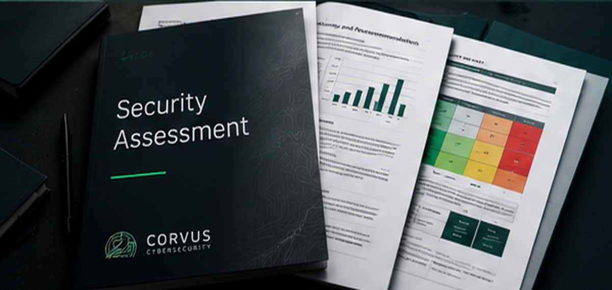 Illustrative security assessment report with supporting analysis pages; sample artwork, not client data